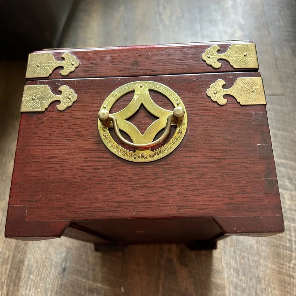 Vintage Chinese Rosewood Hongmu Jewelry Box Brass Hardware Red Silk Lining 12in